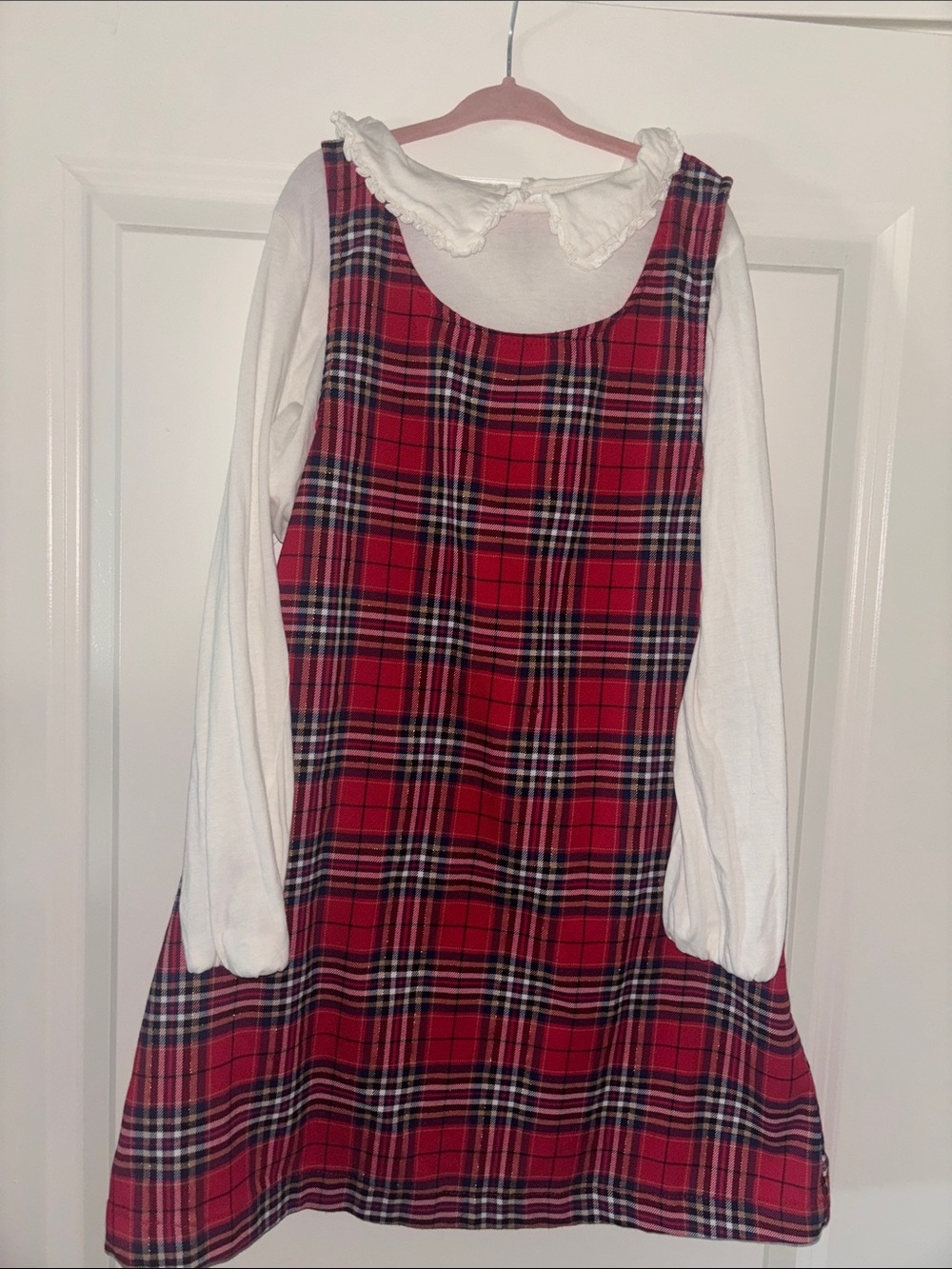 Girls two piece H&M set includes Red Plaid Dress with White Puff Sleeve Top